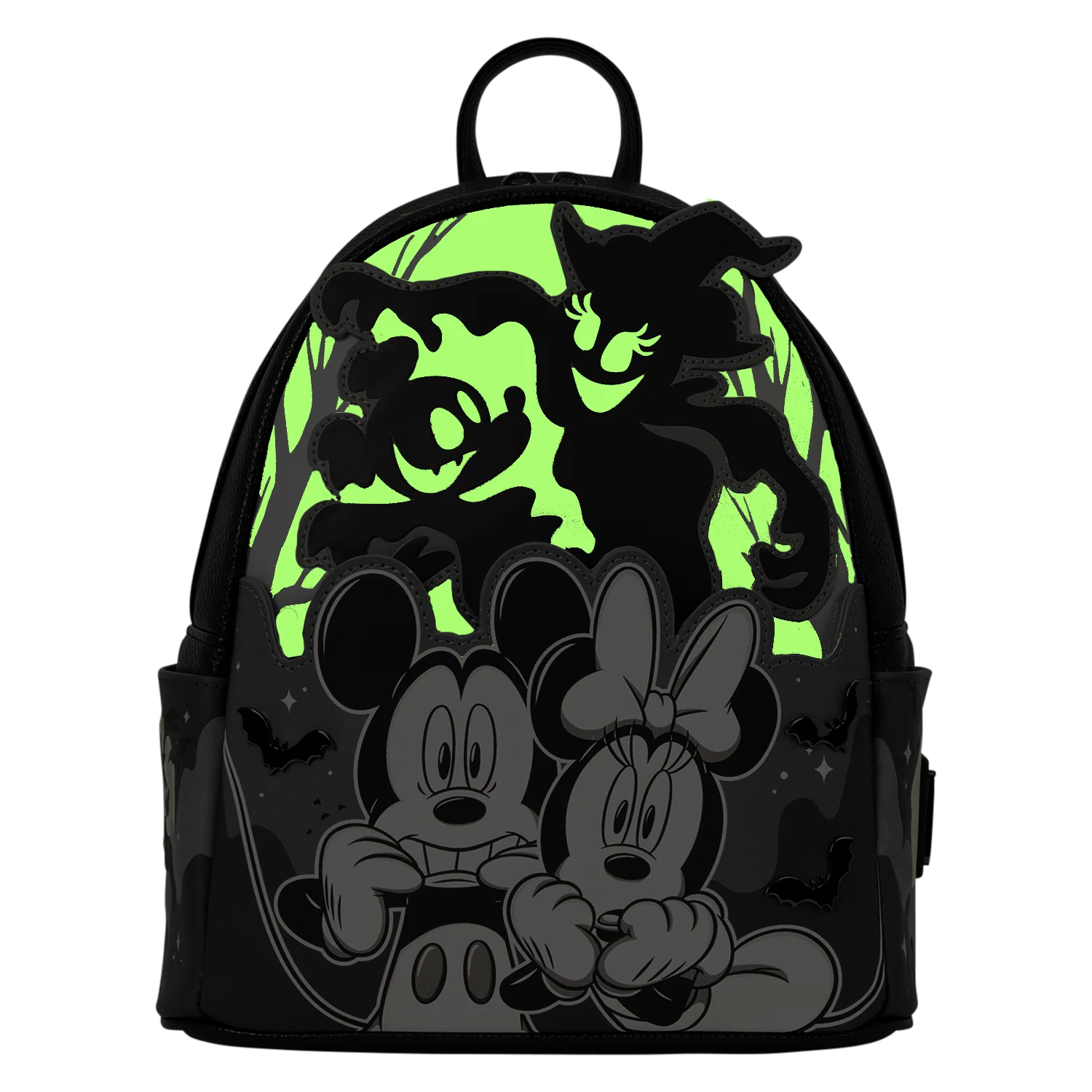 A black Disney-themed backpack featuring Mickey and Minnie Mouse in the foreground and a glowing neon green background with silhouettes of classic Disney villains, shown on a plain white background.