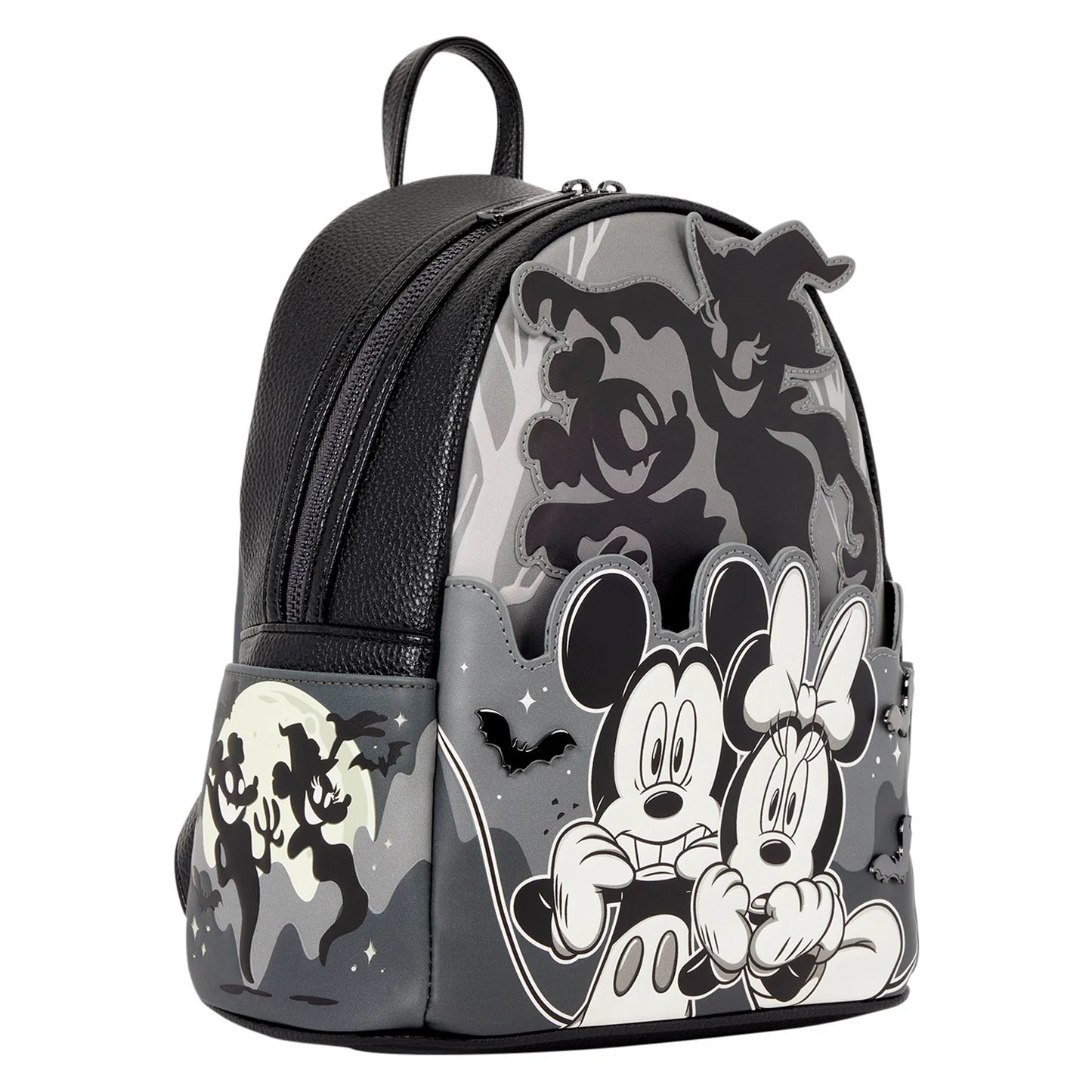 A Disney-themed mini backpack featuring Mickey and Minnie Mouse in a spooky black-and-white graphic on the front pocket, with a gray and black camouflage pattern and ghost silhouettes on the main body. The backpack has a black faux-leather top section and a top handle, shown against a plain white background.