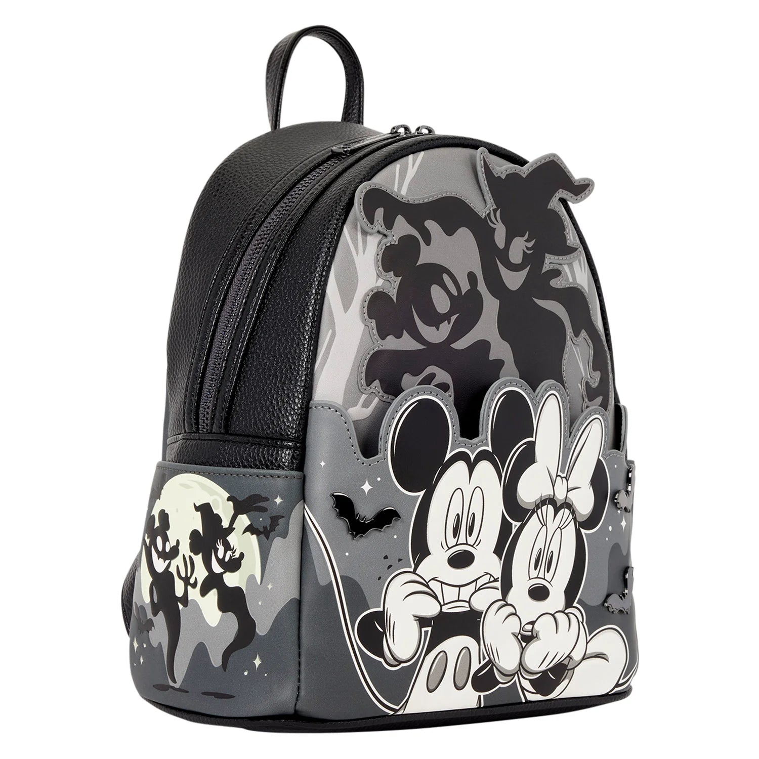 A Disney-themed mini backpack featuring Mickey and Minnie Mouse in a spooky black-and-white graphic on the front pocket, with a gray and black camouflage pattern and ghost silhouettes on the main body. The backpack has a black faux-leather top section and a top handle, shown against a plain white background.