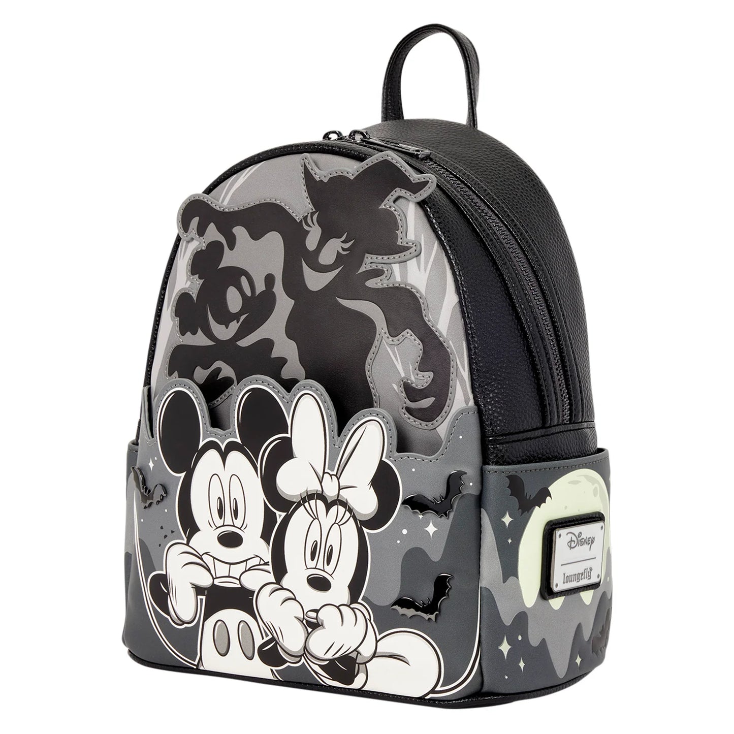 Disney Mickey and Minnie Mouse Halloween mini backpack featuring a black and gray camouflage pattern with 3D pop-out character graphics of Mickey, Minnie, and the Cat in the Hat.