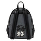 A black and dark gray backpack featuring a distressed Mickey and Minnie Mouse graphic on the front, set against a plain white background.