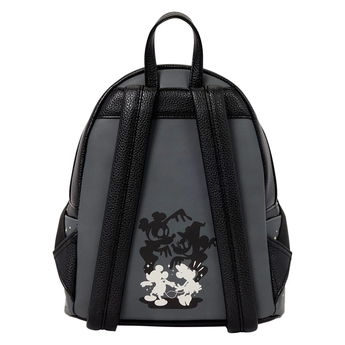 A black and dark gray backpack featuring a distressed Mickey and Minnie Mouse graphic on the front, set against a plain white background.