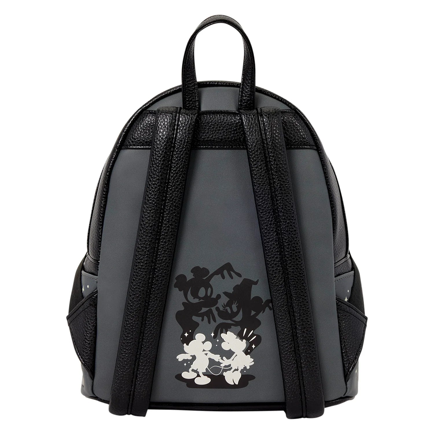 A black and dark gray backpack featuring a distressed Mickey and Minnie Mouse graphic on the front, set against a plain white background.