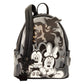 A Disney Minnie Mouse and Mickey Mouse backpack featuring a black and white graphic print with a gray camouflage pattern and a large black ghost character on the back, shown against a plain white background.