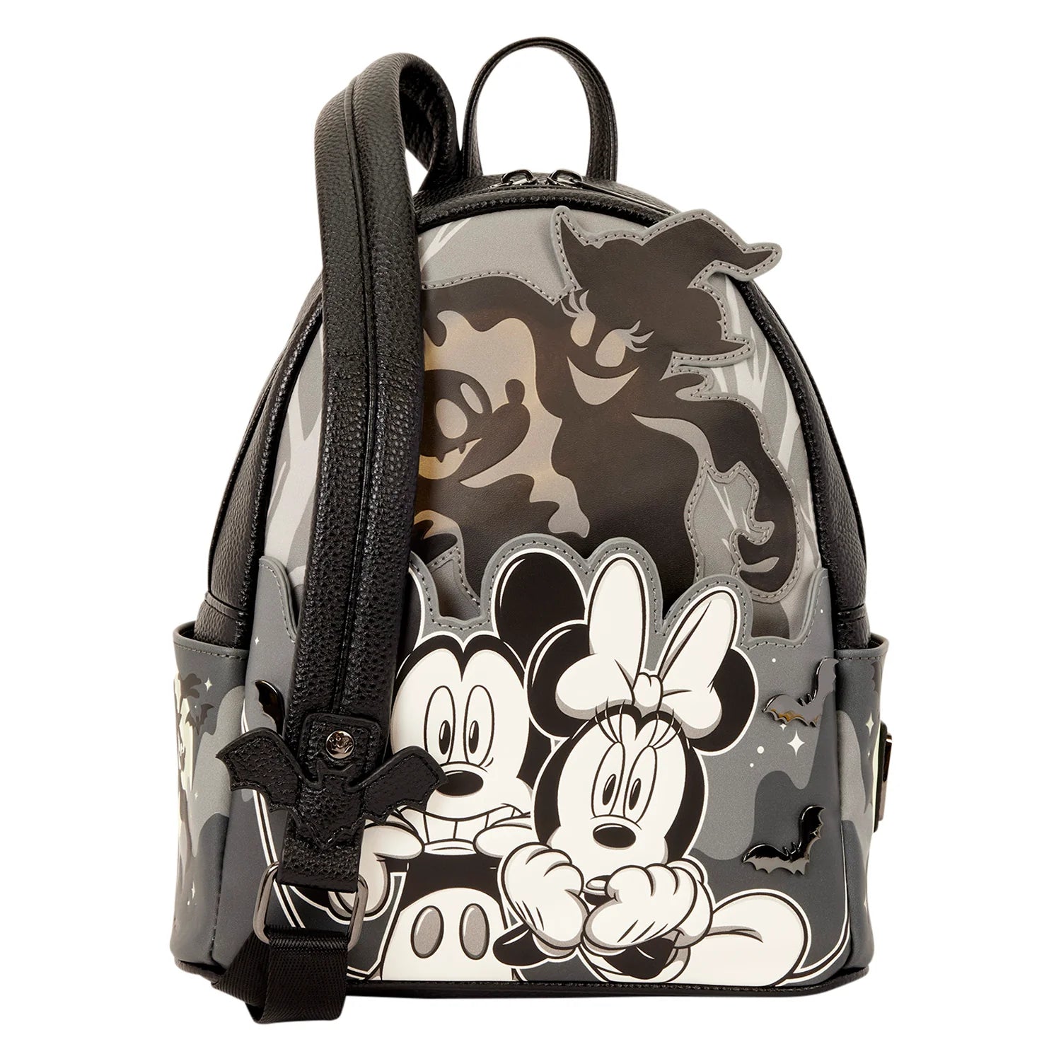 A Disney Minnie Mouse and Mickey Mouse backpack featuring a black and white graphic print with a gray camouflage pattern and a large black ghost character on the back, shown against a plain white background.