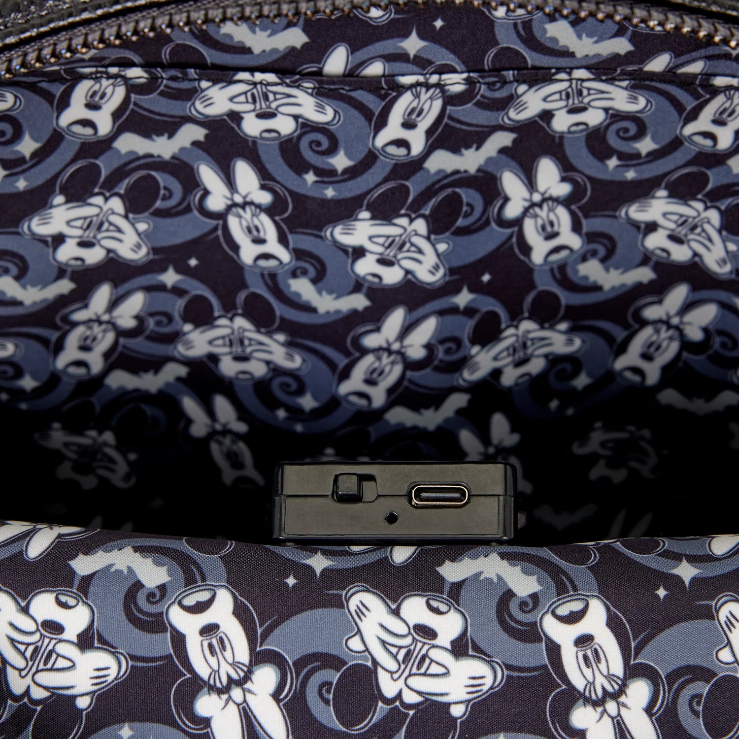 Close-up of a patterned fabric interior with repeating cartoon mouse faces in white and light blue on a dark navy background, plus a small black rectangular hardware piece and zipper visible at the top.