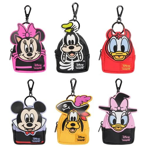 Loungefly Disney Mickey and Friends Halloween mini-backpack bag charm featuring spooky festive designs and vibrant Halloween colors