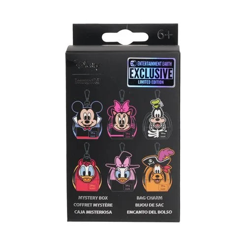 Close-up of Loungefly Mickey and Friends Halloween mystery box charm shaped like a mini backpack with themed character art