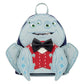 A character backpack shaped like a light blue creature with three eyes, a black bow tie, and a red vest, shown on a plain white background.