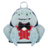 A character backpack shaped like a light blue creature with three eyes, a black bow tie, and a red vest, shown on a plain white background.