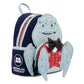 A Disney Monsters, Inc. character backpack featuring Mike Wazowski, with a navy blue body, light blue wings and face, a red vest, black bow tie, and white logo details, shown on a plain white background.