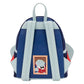 A blue and light gray backpack featuring a framed cartoon character patch on the front, set against a plain white background.