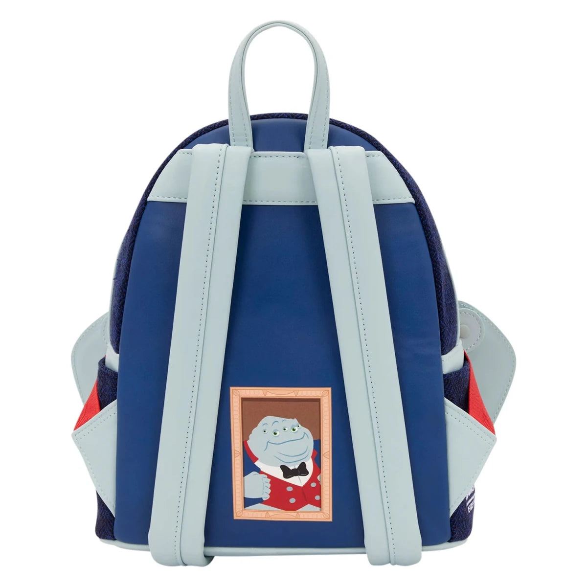 A blue and light gray backpack featuring a framed cartoon character patch on the front, set against a plain white background.