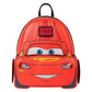 A red Lightning McQueen backpack shaped like his car face, featuring blue eyes, a smile, and a small Disney logo patch on the front, set against a plain white background.