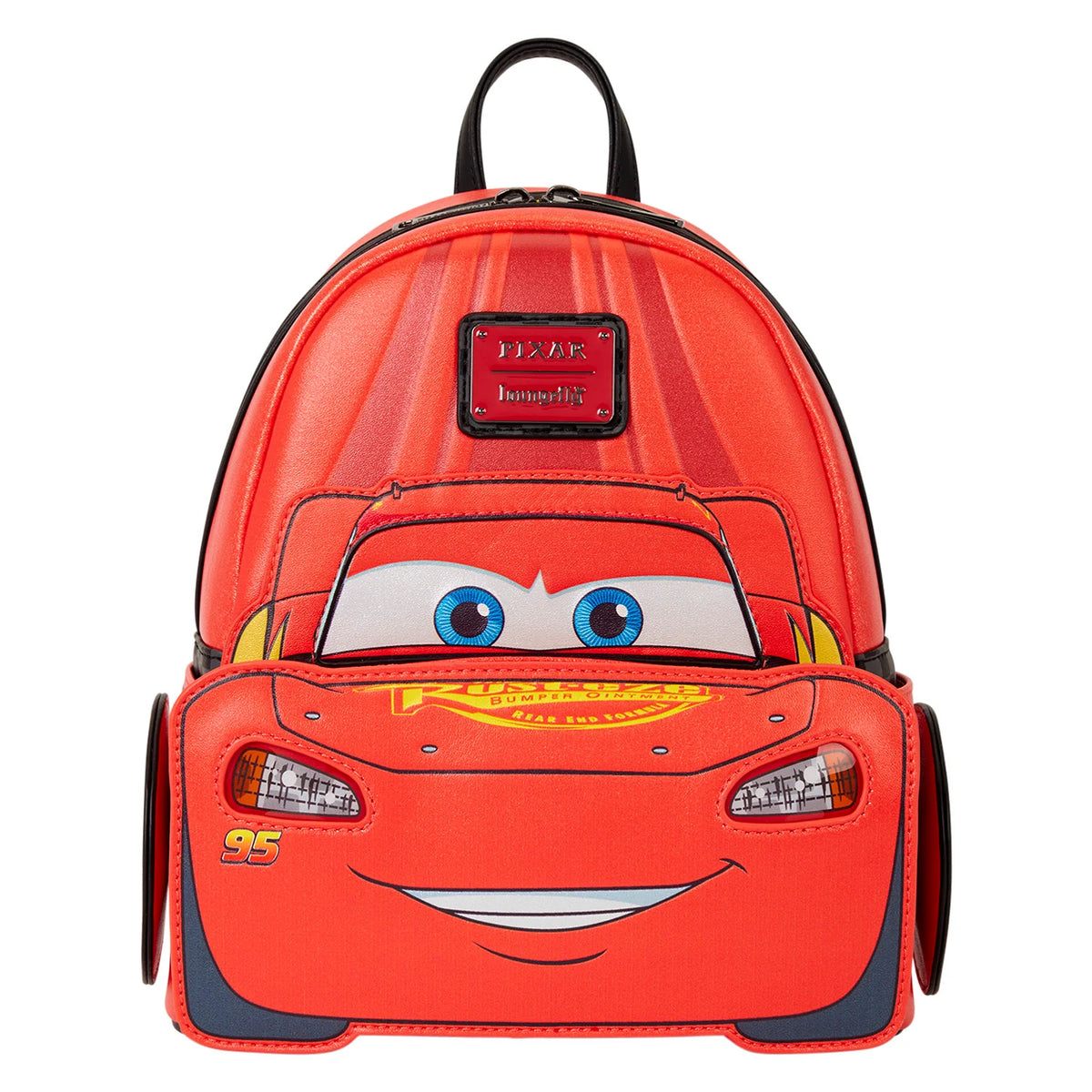 A red Lightning McQueen backpack shaped like his car face, featuring blue eyes, a smile, and a small Disney logo patch on the front, set against a plain white background.
