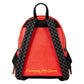 A red glitter backpack featuring black checkered straps, black trim, and yellow 'Lightning McQueen' script text on the front, shown against a plain white background.