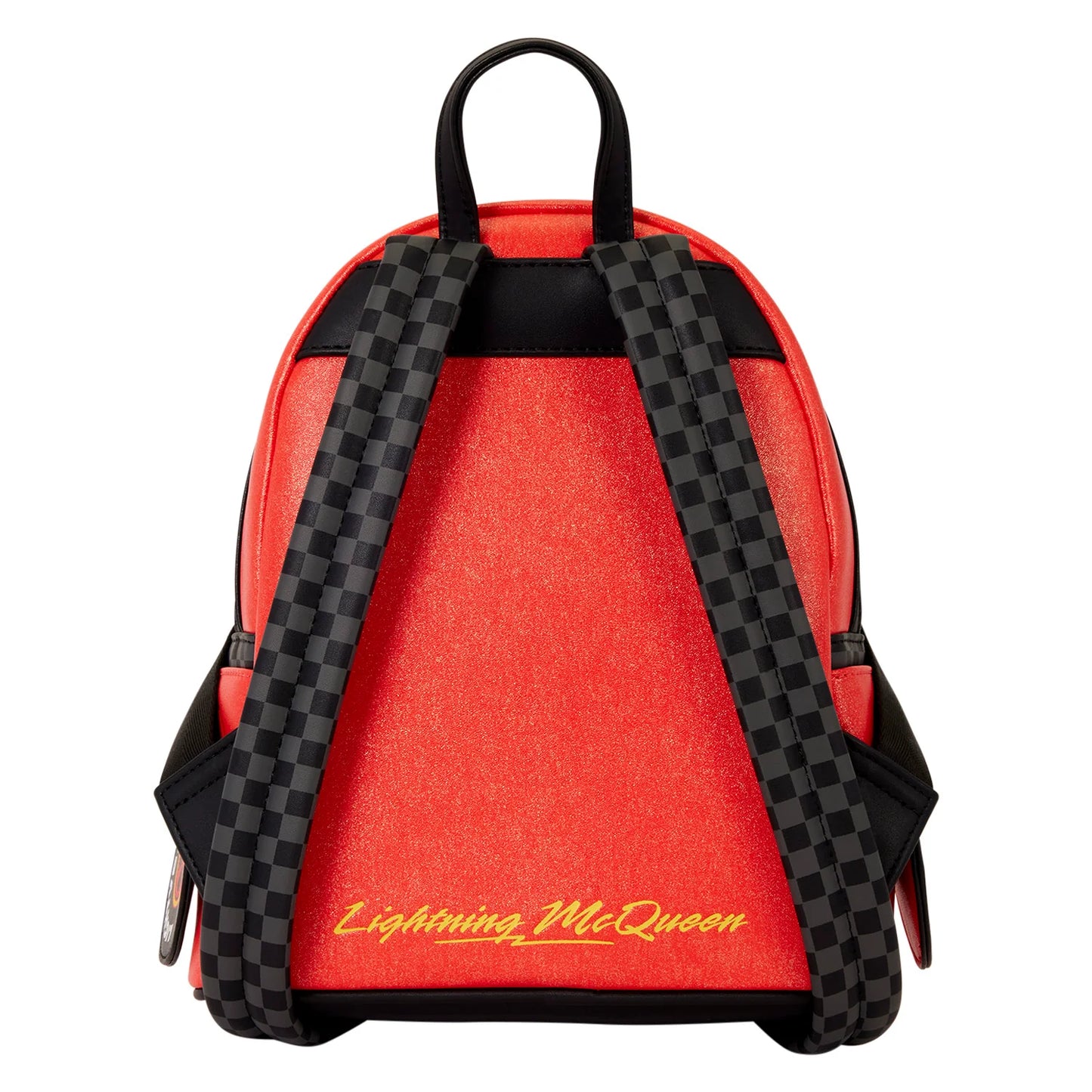 A red glitter backpack featuring black checkered straps, black trim, and yellow 'Lightning McQueen' script text on the front, shown against a plain white background.