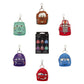 Six small character backpack keychains arranged around a black retail package on a white background. The characters resemble Disney Pixar's Cars, including a mint green van, brown truck, red fire truck, purple car, blue car, and red car, each with a silver key ring and clasp.