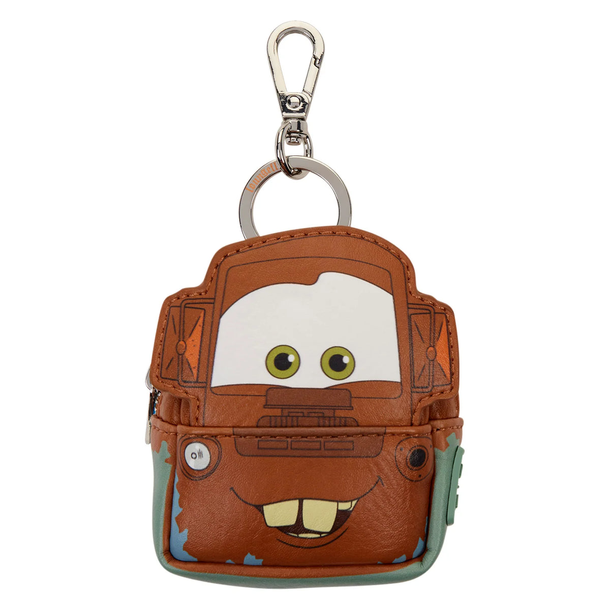 A small brown faux-leather keychain wallet shaped like the character Mater from Disney's Cars, featuring a silver metal clasp at the top, set against a plain white background.