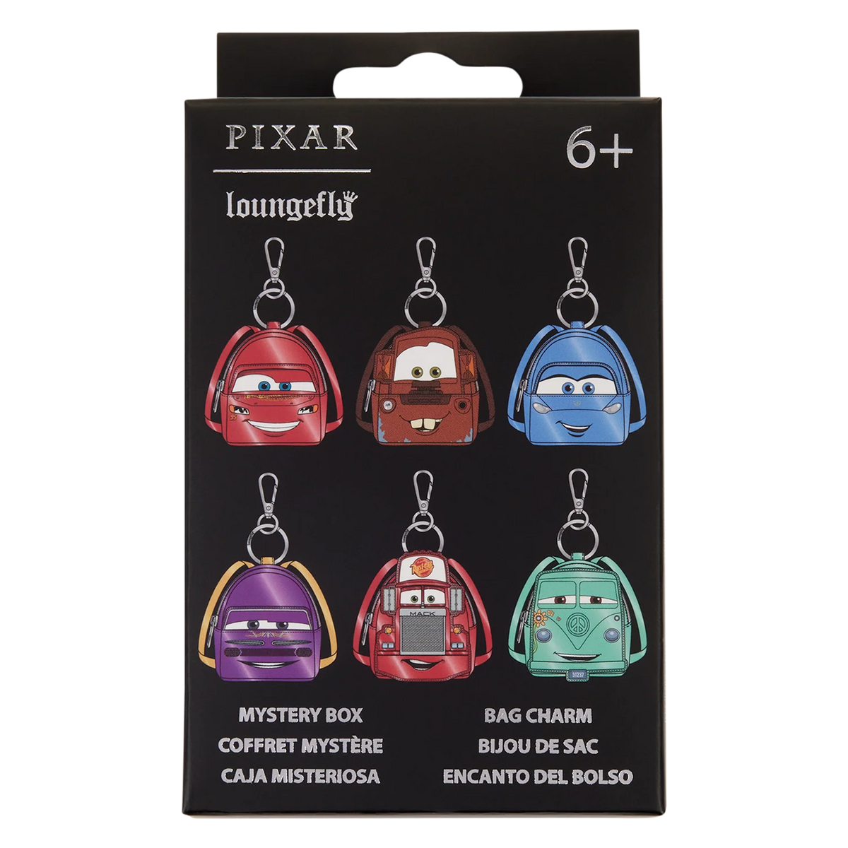 Pixar Loungefly Disney Cars mystery box bag charm set in its original black retail packaging, featuring six character keychains on the front.