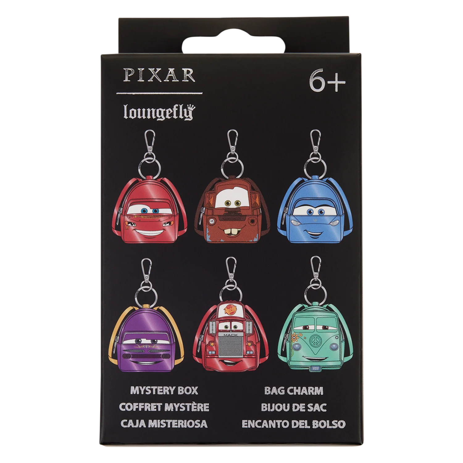 Pixar Loungefly Disney Cars mystery box bag charm set in its original black retail packaging, featuring six character keychains on the front.