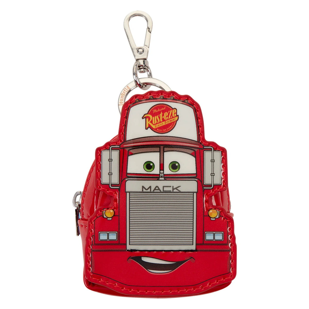 A red metallic keychain shaped like the character Mack from Cars, featuring his face, eyes, grill, and Rust-eze logo, with a silver carabiner clip on a white background.