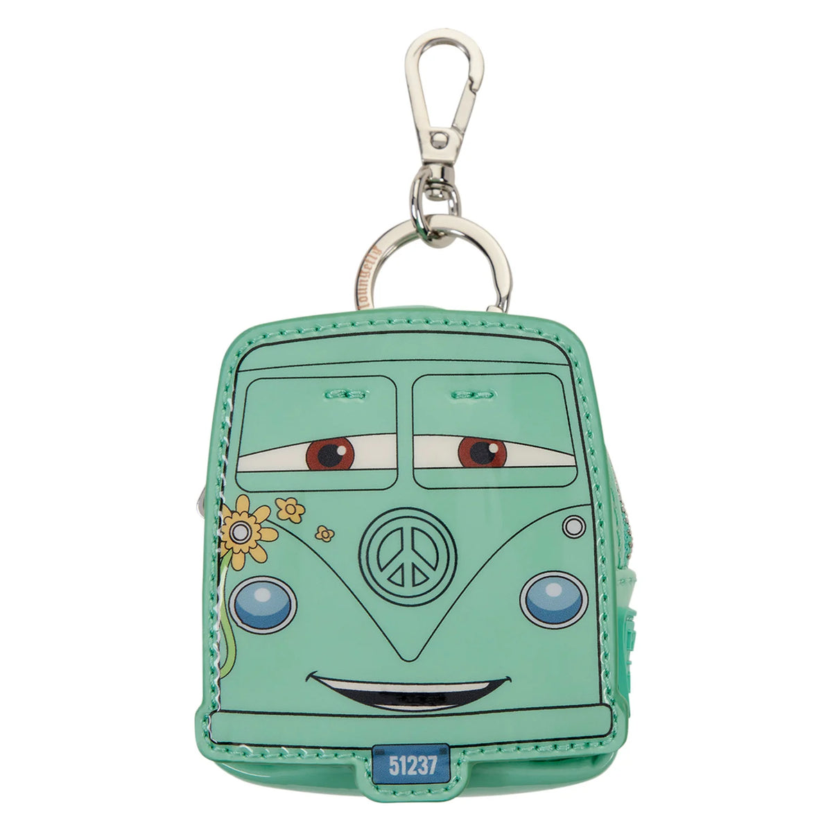 A mint green faux leather keychain wallet shaped like the character Sally from Cars, featuring a silver metal clasp at the top, set against a plain white background.