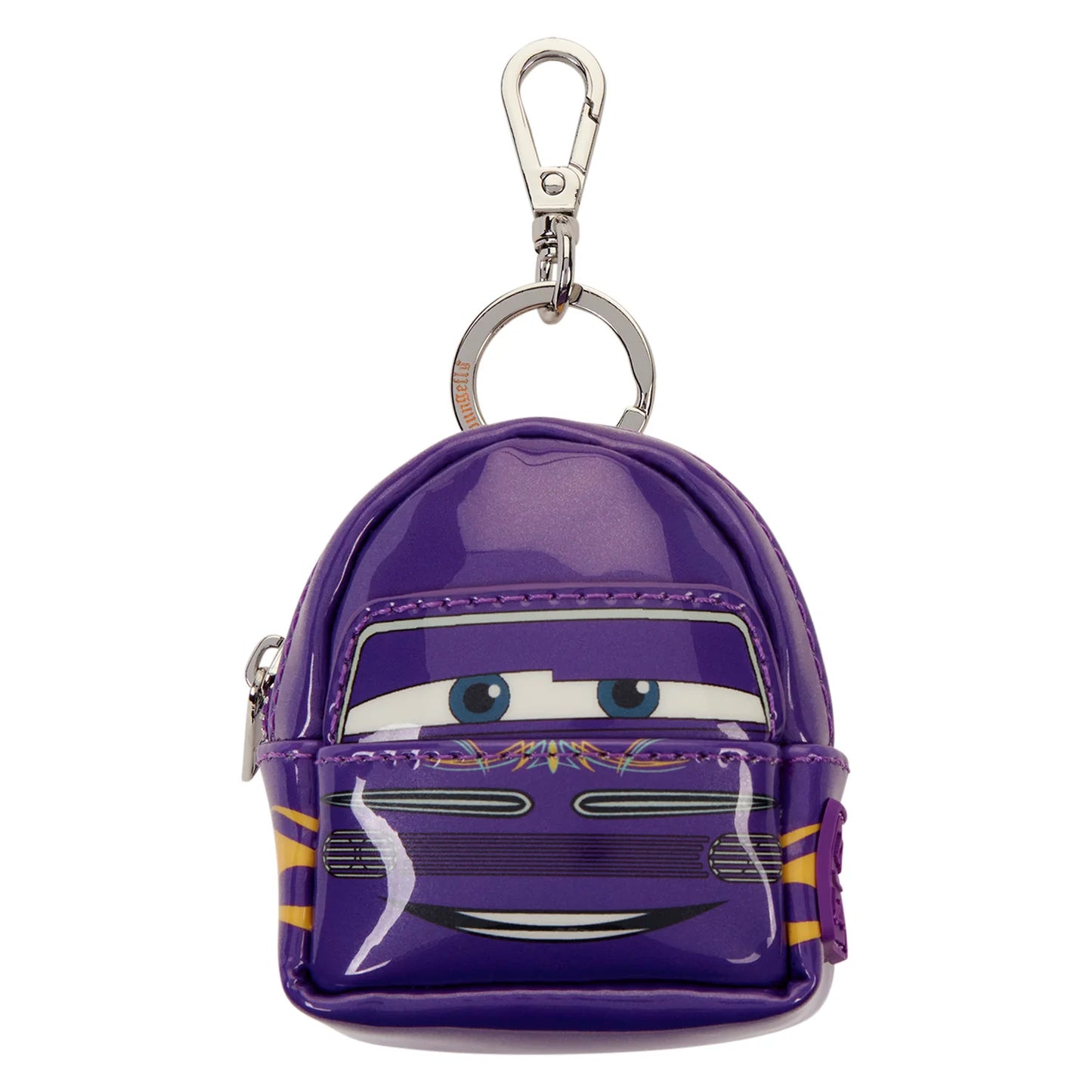 A purple Lightning McQueen character mini backpack keychain with a silver metal clasp, shown on a plain white background.
