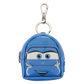 A blue glossy mini backpack keychain shaped like a cartoon car face, featuring a silver metal carabiner and key ring, on a plain white background.
