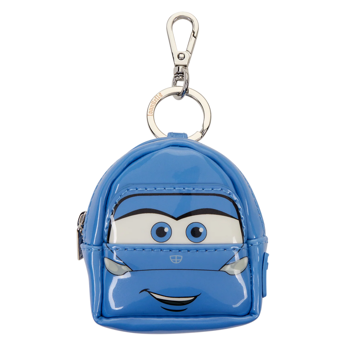 A blue glossy mini backpack keychain shaped like a cartoon car face, featuring a silver metal carabiner and key ring, on a plain white background.