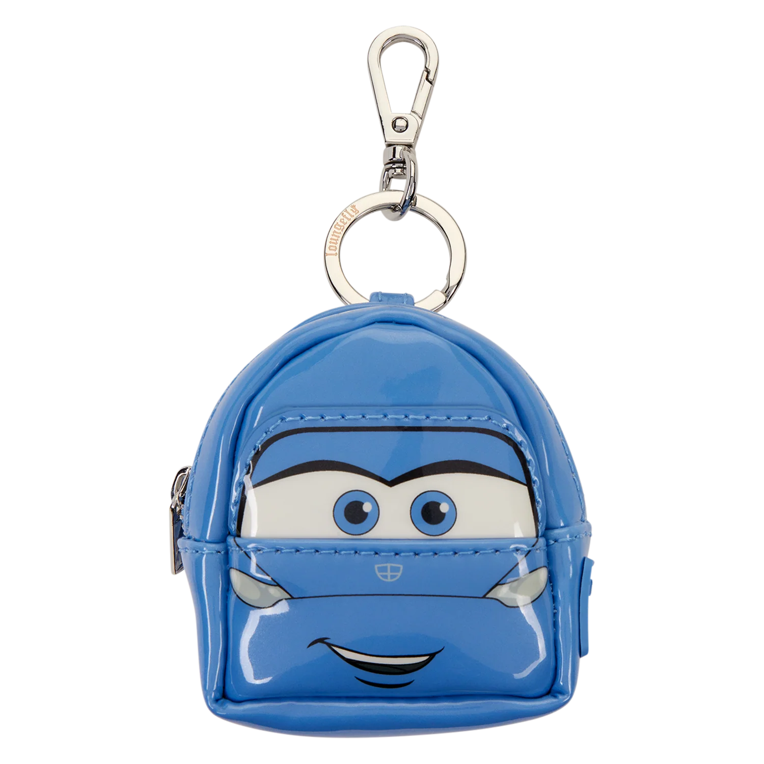 A blue glossy mini backpack keychain shaped like a cartoon car face, featuring a silver metal carabiner and key ring, on a plain white background.