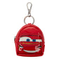 A red mini backpack keychain featuring the character Lightning McQueen from Disney's Cars, complete with a silver metal clasp and key ring, set against a plain white background.