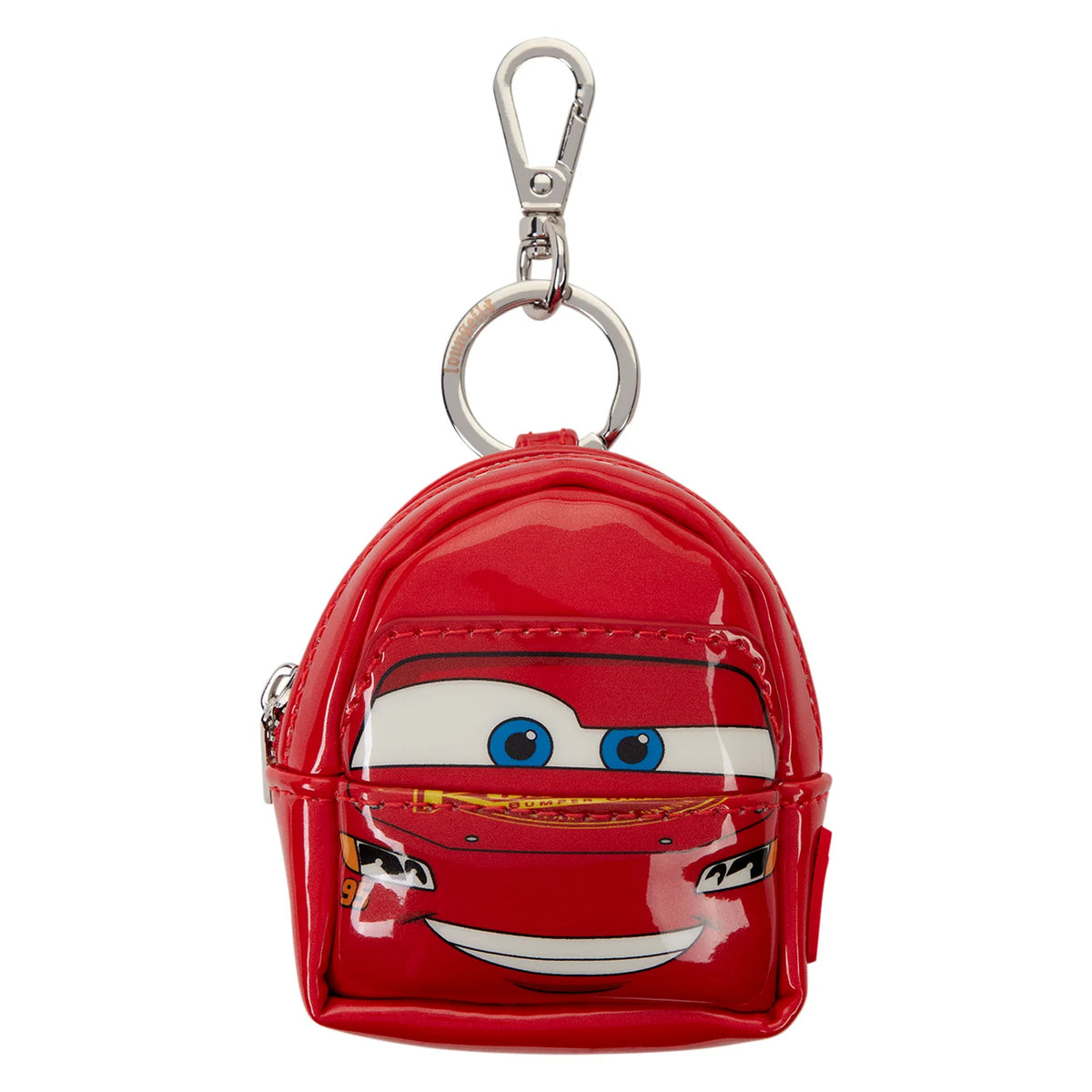 A red mini backpack keychain featuring the character Lightning McQueen from Disney's Cars, complete with a silver metal clasp and key ring, set against a plain white background.