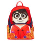 A red and orange Day of the Dead themed backpack featuring a large sugar skull graphic on the front, floral patterns on the sides, and a top carrying handle, shown against a plain white background.