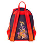 A Day of the Dead themed backpack featuring a central sugar skull graphic, red and orange textured straps, and side pockets with floral prints, set against a plain white background.