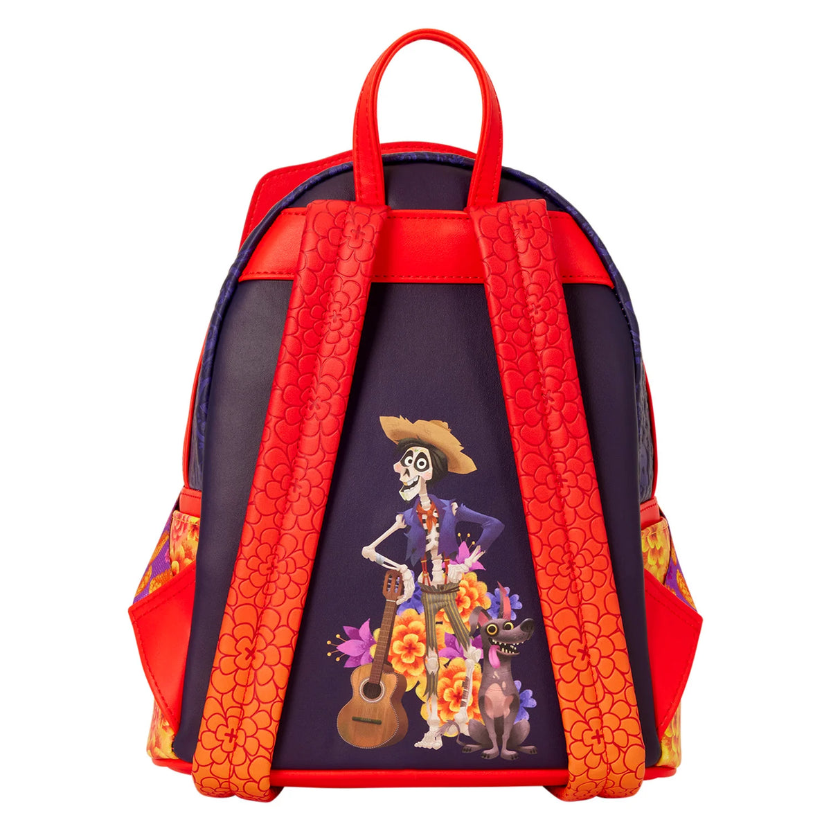 A Day of the Dead themed backpack featuring a central sugar skull graphic, red and orange textured straps, and side pockets with floral prints, set against a plain white background.