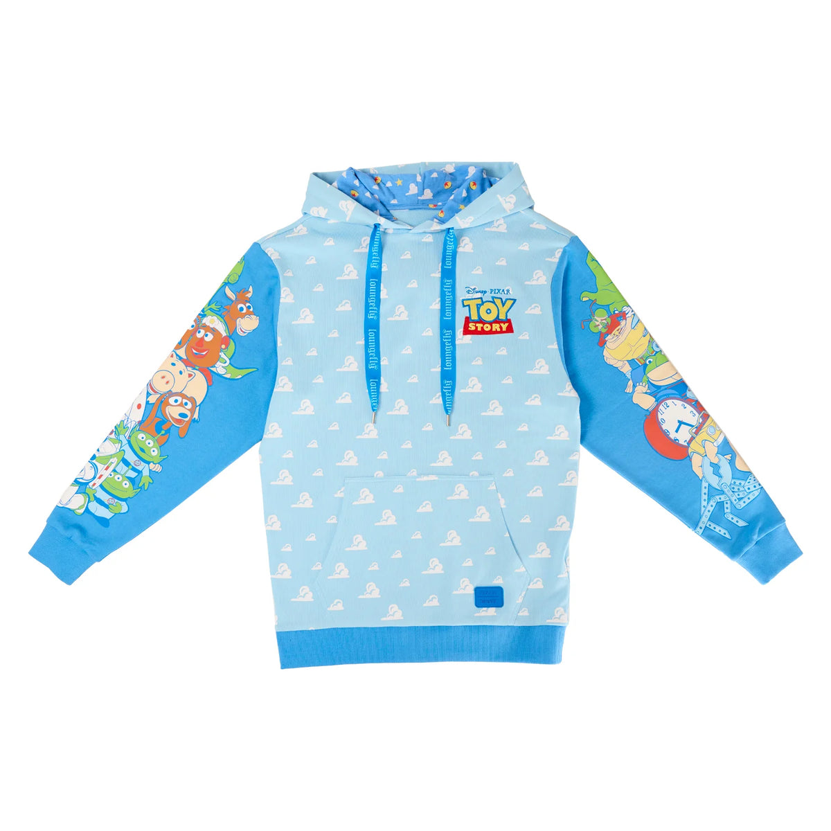 Loungefly Disney Pixar Toy Story hoodie featuring heroes and villains in a bold split design