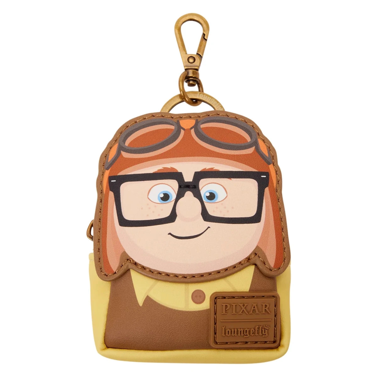 Keychain with a cartoon character face design featuring glasses and a yellow shirt, branded with Pixar.