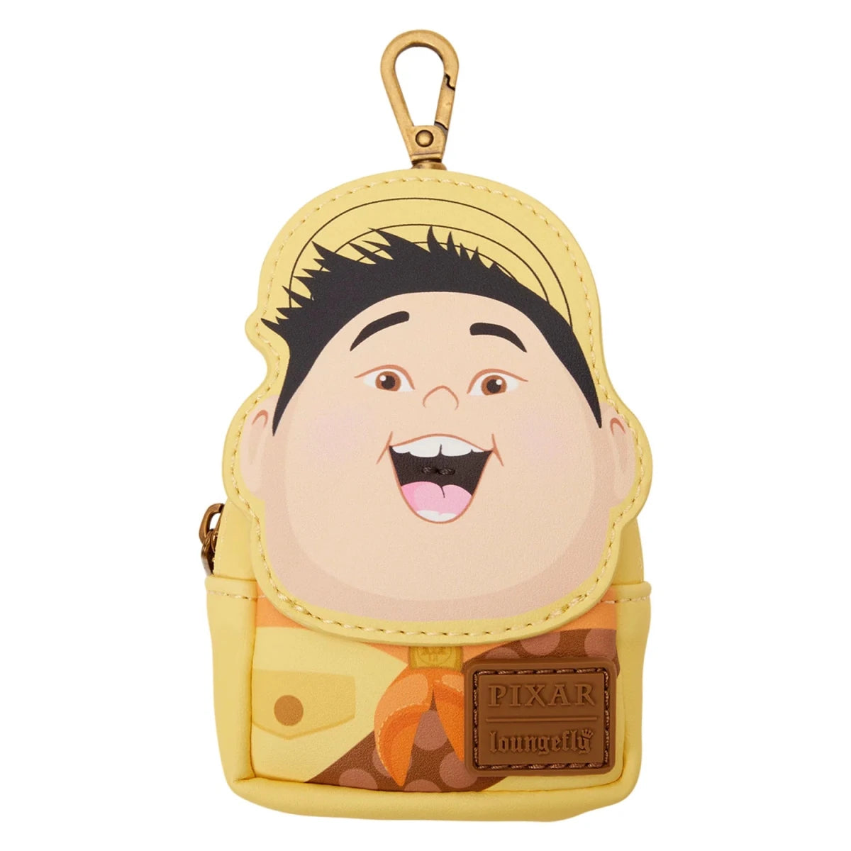 Yellow character-shaped pouch with a carabiner on a white background