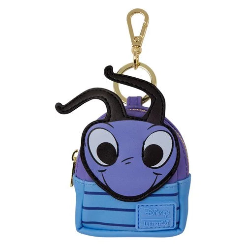 A small Disney Affections keychain backpack featuring the character Flik, with a purple face, blue striped body, and gold-tone clasp on a white background.