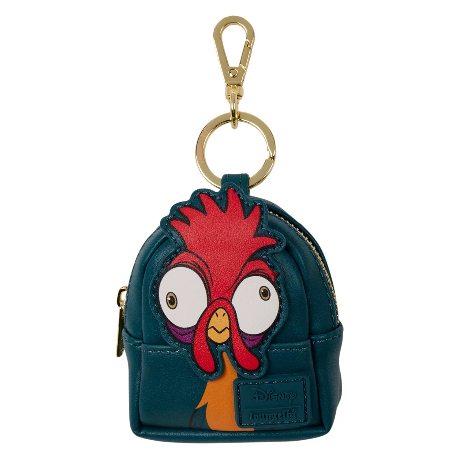 A small Disney Pinocchio keychain bag shaped like a dark teal backpack, featuring a raised Pinocchio face with red hair, white eyes, and an orange neck, attached to a gold-tone clasp and ring.