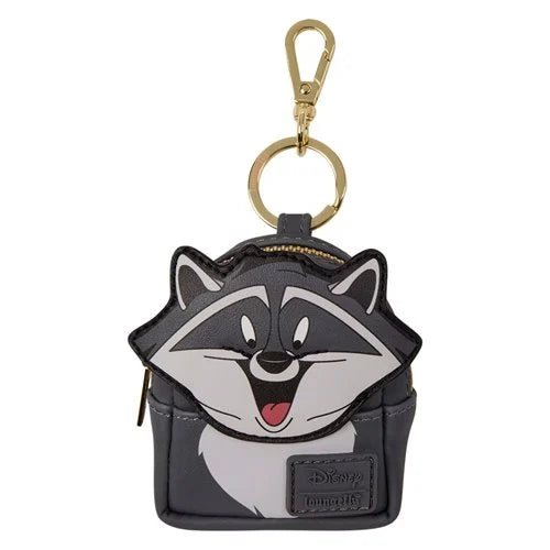 A small raccoon-shaped keychain pouch in dark gray and white faux leather with gold-tone hardware, featuring a Disney Toonyoung patch on the front, set against a plain white background.