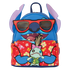 Colorful backpack with cartoon character design on a white background