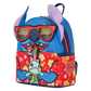 Colorful backpack with cartoon character design on a white background