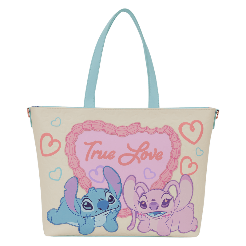 Loungefly Disney Stitch and Angel True Love tote crossbody bag featuring romantic artwork and pastel details