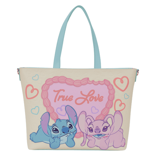 Loungefly Disney Stitch and Angel True Love tote crossbody bag featuring romantic artwork and pastel details