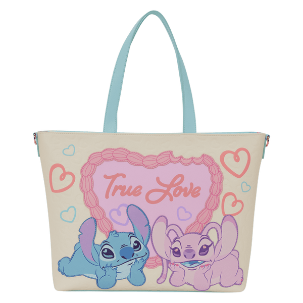 Loungefly Disney Stitch and Angel True Love tote crossbody bag featuring romantic artwork and pastel details
