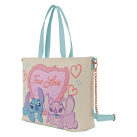 Stitch and Angel True Love Loungefly tote crossbody bag with heart-themed design and Disney characters