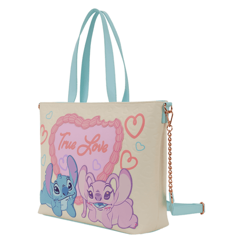 Stitch and Angel True Love Loungefly tote crossbody bag with heart-themed design and Disney characters