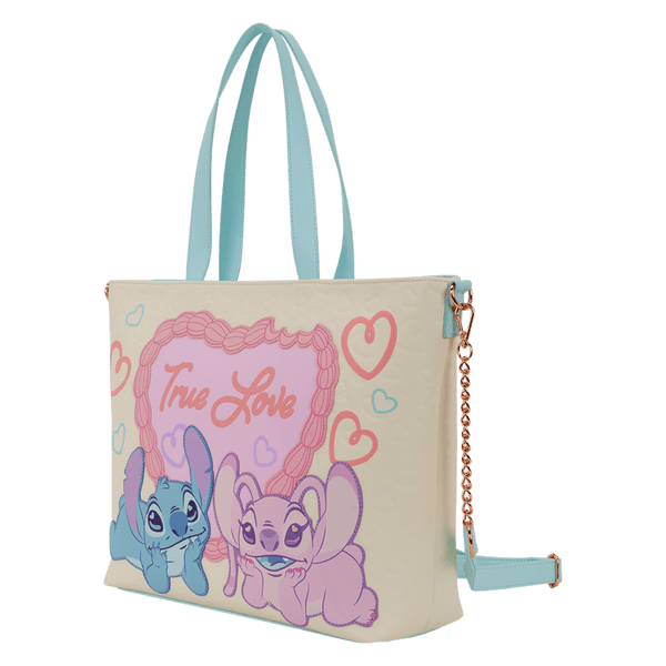 Stitch and Angel True Love Loungefly tote crossbody bag with heart-themed design and Disney characters